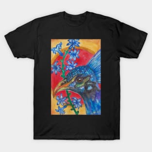 Blue peacock bird and flowers T-Shirt